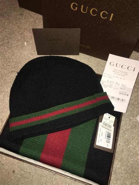 black gucci hat and scarf set|gucci scarf with fur trim.